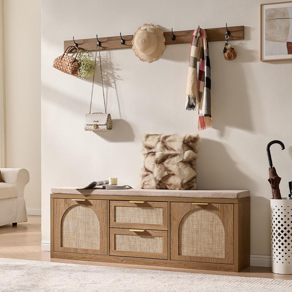 Rattan Narrow Entryway Bench with Shoe Storage, 2 Flip Drawers & Coat Rack, Mid-Century Modern Wood Shoe Cabinet with Seat Cushion for Foyer/Hallway (Rustic Oak Rattan)