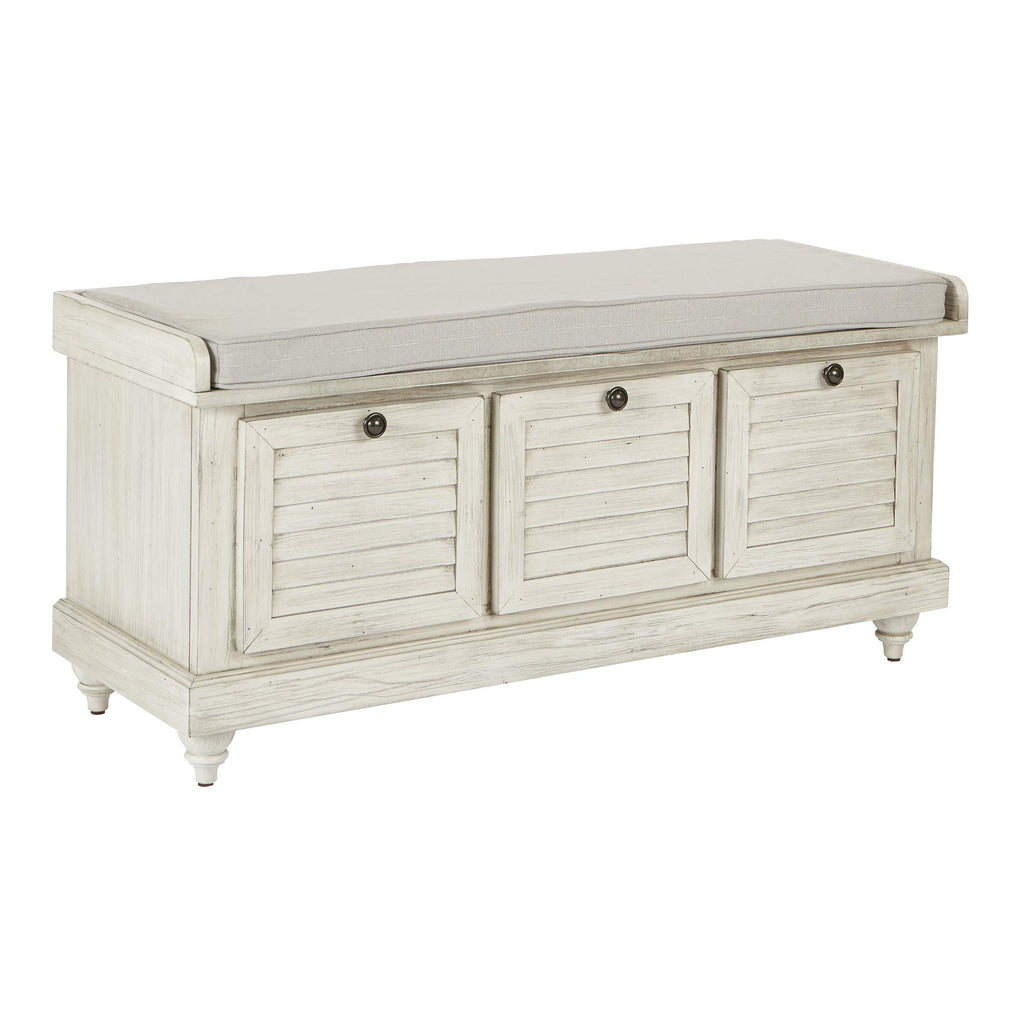 OSP Home Furnishings Dover Coastal Lift-Top Storage Bench with Shutter Face Styling, Distressed Brown Finish with Beige Linen Fabric Cushion