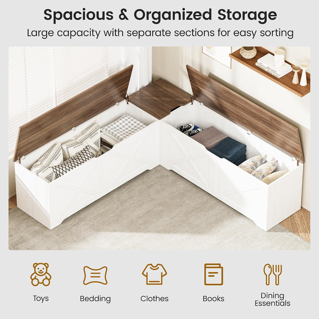 L Shaped Storage Bench, 63" Corner Bench with Storage, Breakfast Nook Bench with 3 Hidden Flip-Top Compartments, Backless Dining Bench for Kitchen, Entryway, Dining Room, Walnut White