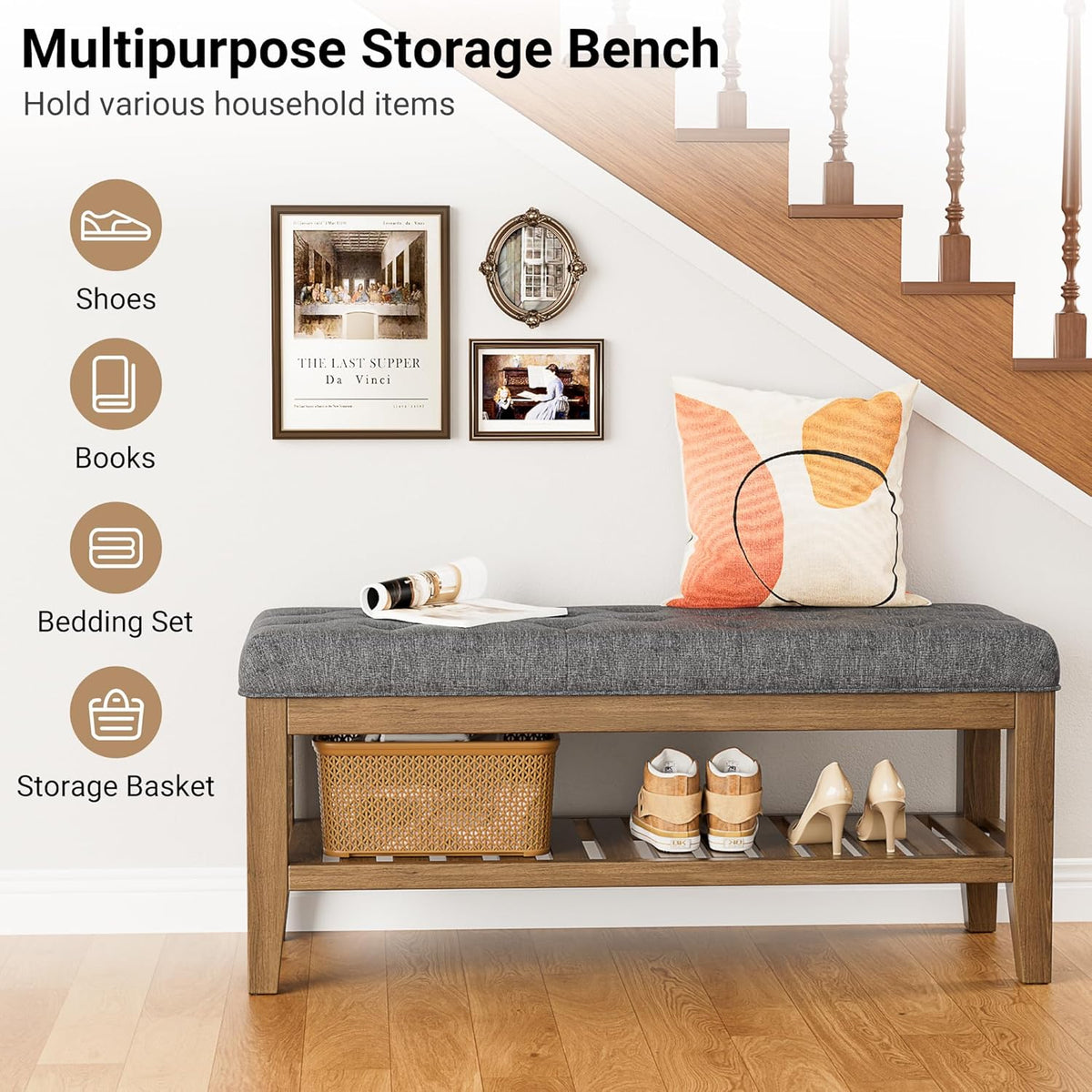 YaFiti End of Bed Storage Bench, 42.9" Entryway Shoe Bench with Solid Wood Shelf, Upholstered Ottoman with Padded Seat for Bedroom, Hallway and Lining Room, Dark Gray