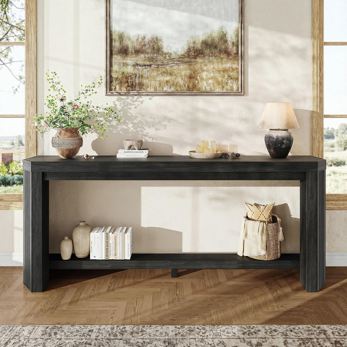 70" Console Table for Entryway, Narrow Long Sofa Table Behind Couch, Wood Couch Table with Open Storage, Easy Assembly Entryway Table for Living Room, Hallway, Foyer, Couch, Black