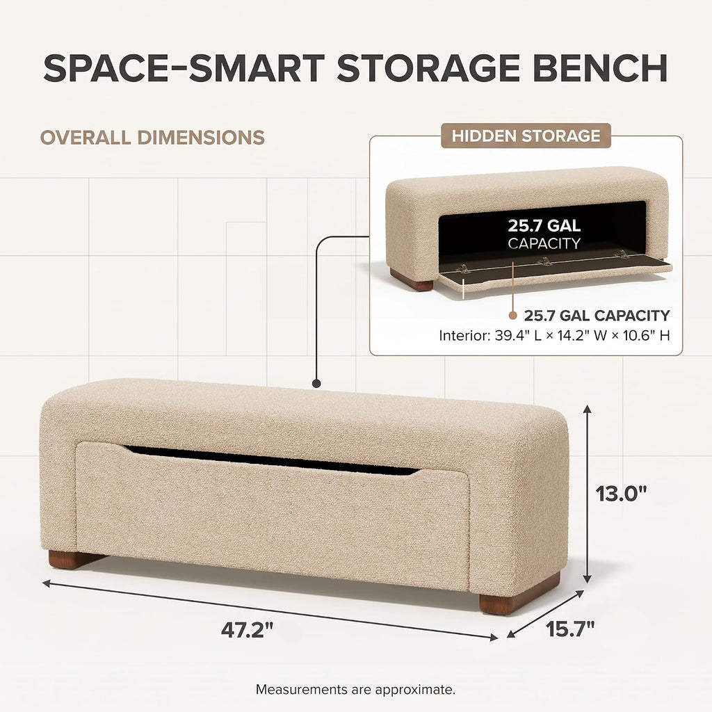 47.2" Upholstered Storage Bench for Bedroom, Boucle-Style End of Bed Bench with Hidden 25.7 Gallon Storage, Soft Textured Woven Ottoman Bench, Camel