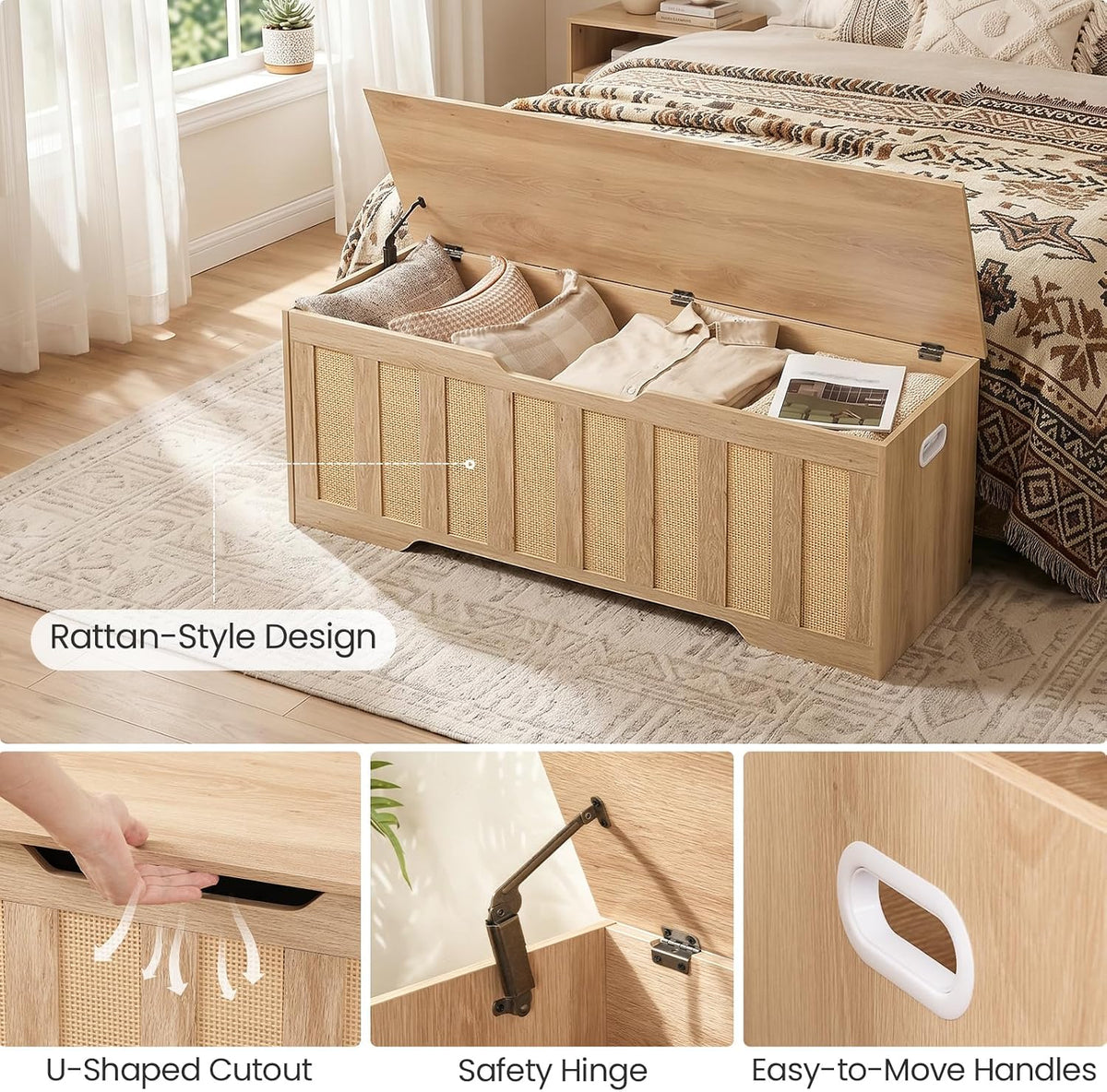 CHOEZON 47.2" Storage Bench, Rattan-Style Storage Chest, Storage Cabinet with Handles, Toy Storage Box, for Living Room and Bedroom, Natural MCW24NL