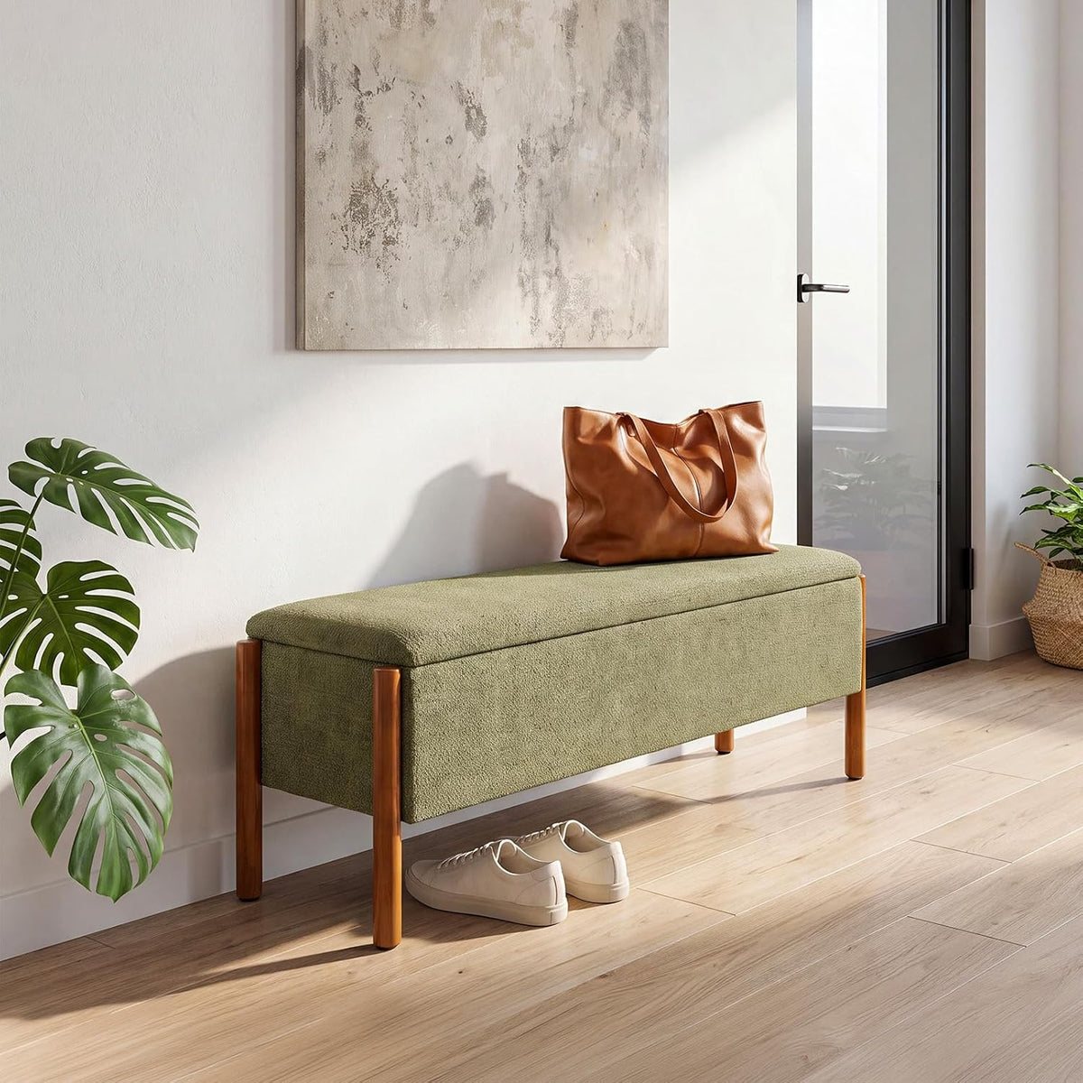 50" Shoe Bench with Storage, Chenille Shoe Rack Bench, Removable Shoe Storage Bench Entryway Storage with Cushion for Front Doors Entrances Hallway, Mudroom, Closet, Bedroom, Green, XR-Ben02