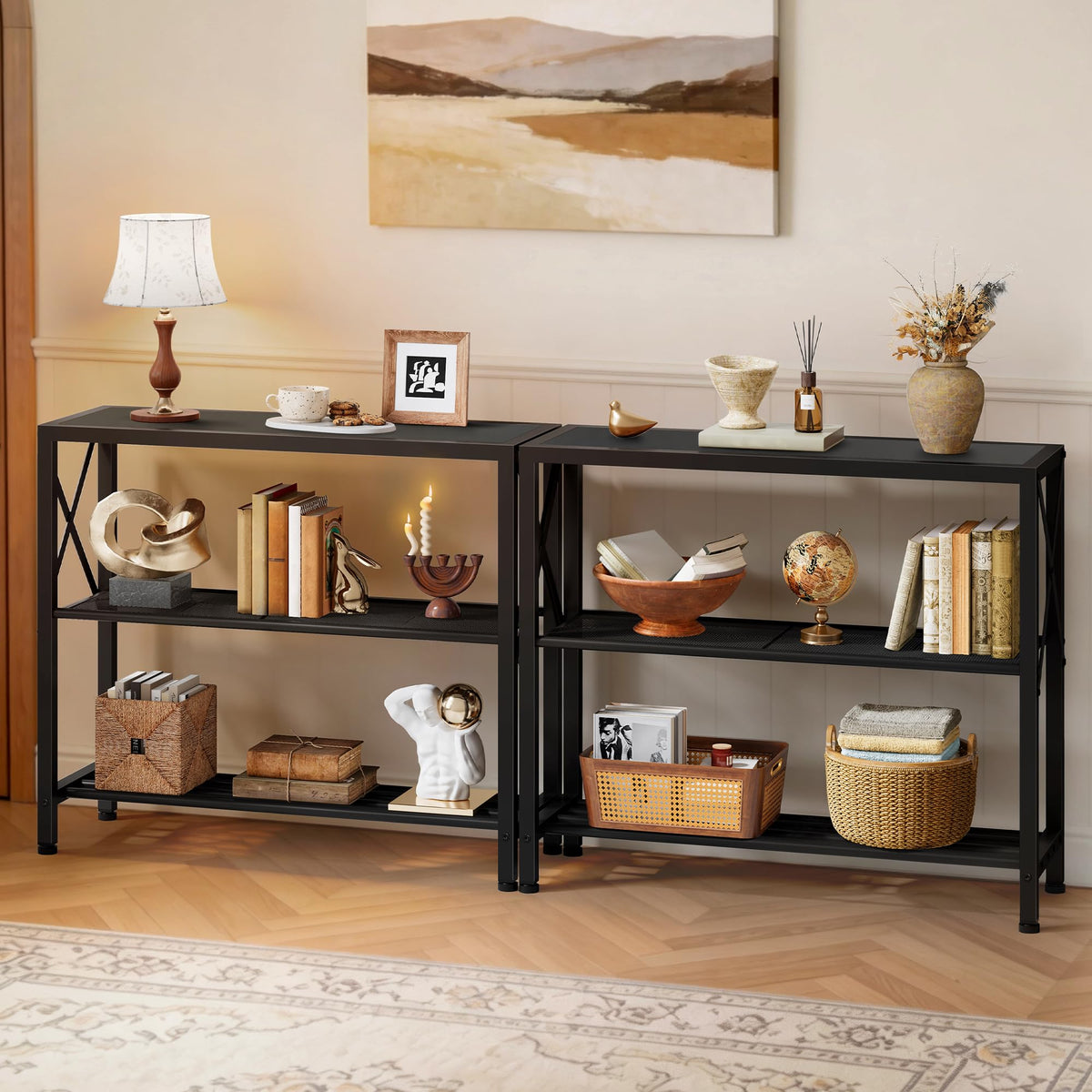 Hoctieon Set of 2 Industrial Console Table, 3 Tier Entryway Table, Metal Frame, Sofa Table with Shelf, Hallway Table, Entrance Table for Entryway, Living Room, Foyer, Hallway, Rustic Brown&Black