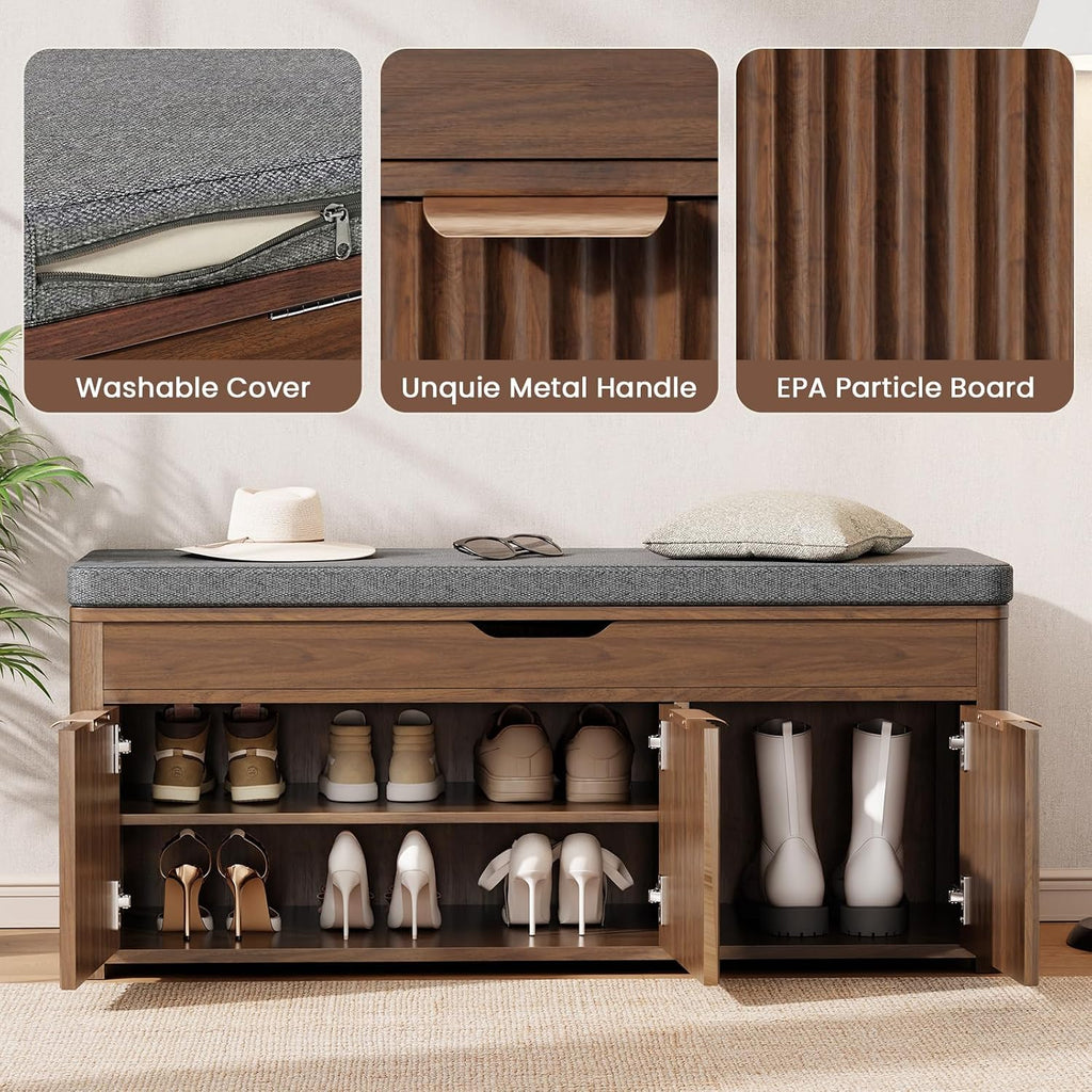37.4" W Shoe Bench with Storage, Lift Top Entryway Bench, Walnut