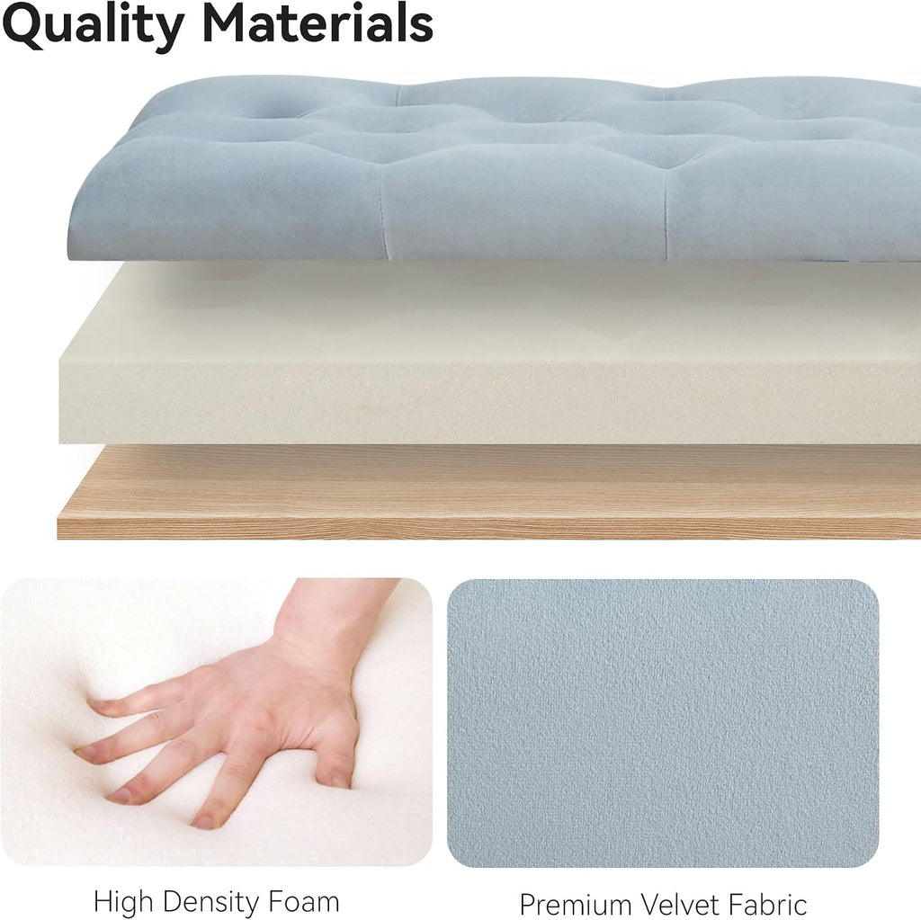 WUTUTUEE 47" Velvet Storage Bench, Upholstered Bed Bench with Storage, End of Bed Ottoman with Wooden Legs,Bedside Storage Bench for Bedroom, Living Room, or Entryway, Blue Grey