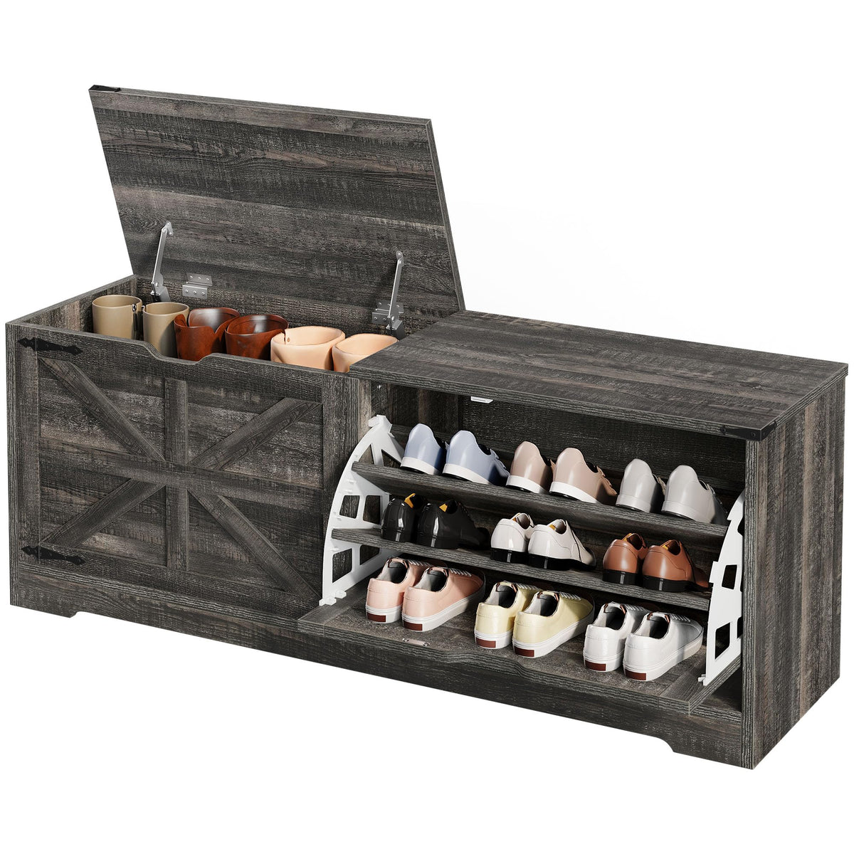 DWVO 47.2" Storage Bench, 2 Safety Hinges, Living Room, White and Walnut