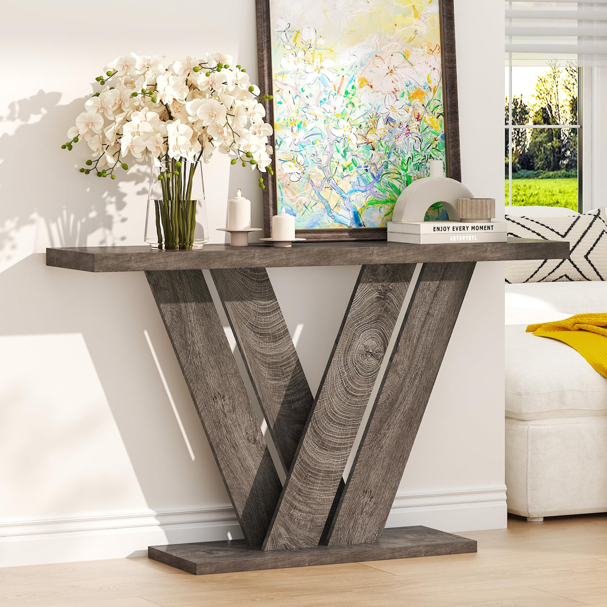 51" Console Table, V-Shaped Entryway Table, Wood Sofa Table Behind Couch