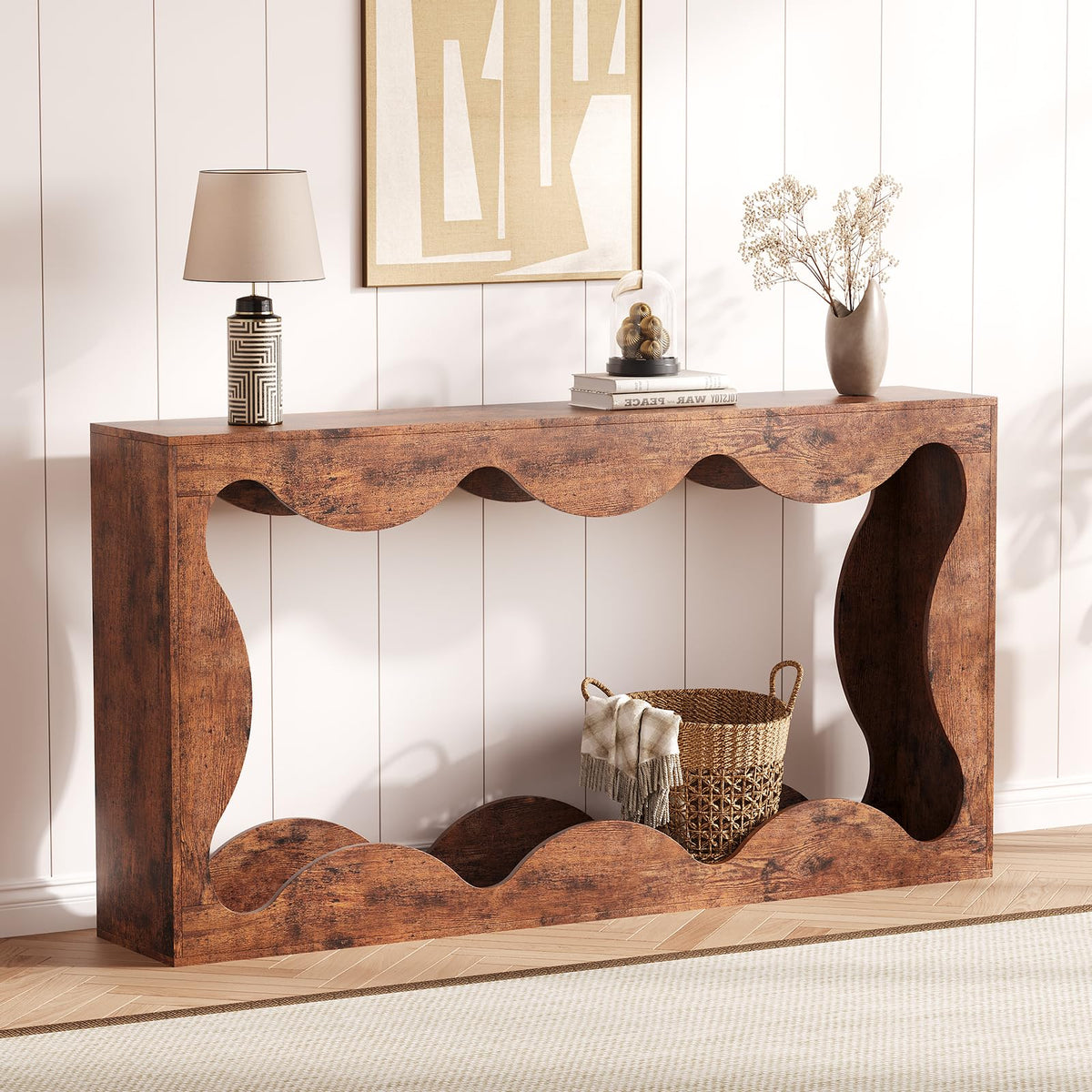 63" Farmhouse Entryway Table, Slim Wood Scalloped Sofa Table