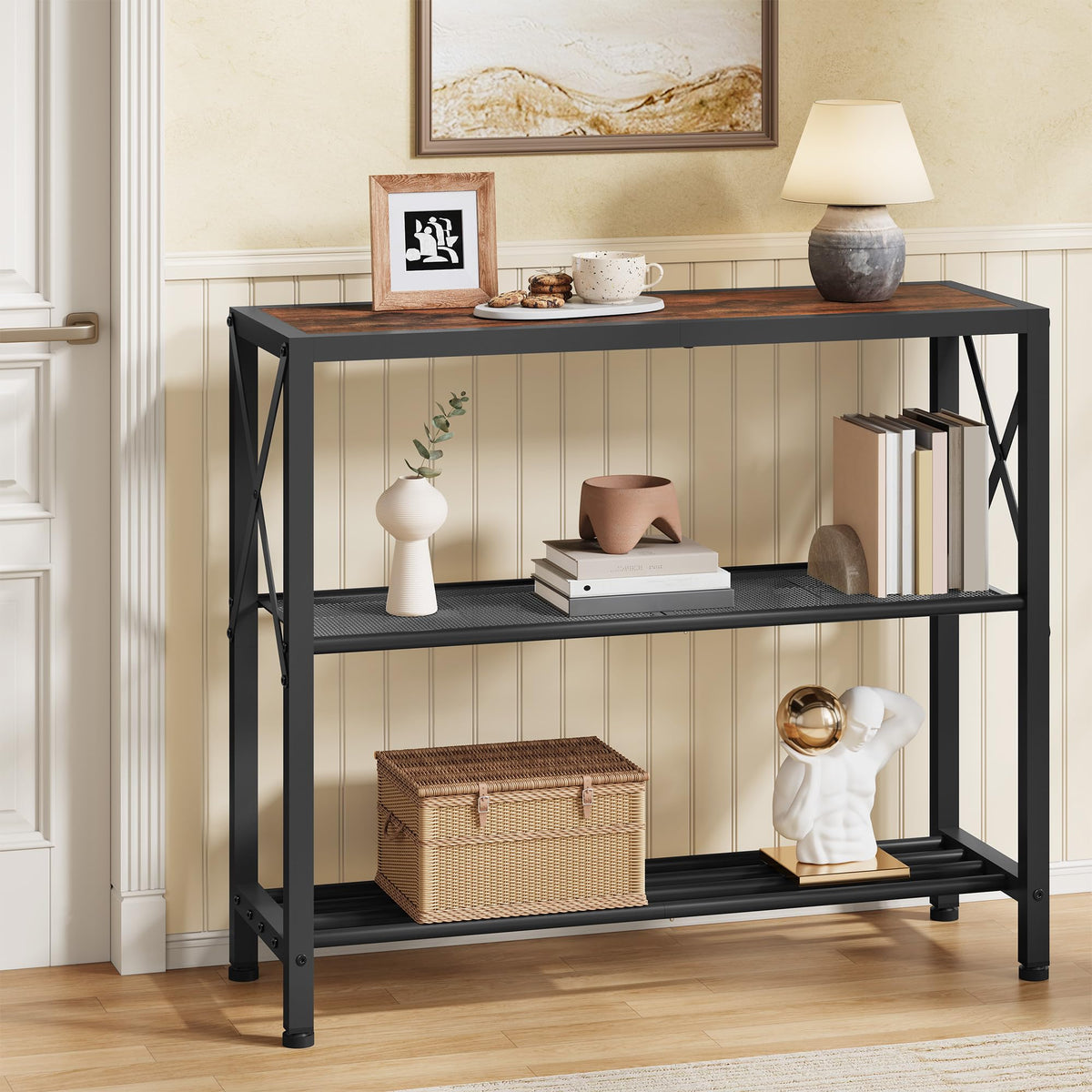 Hoctieon Set of 2 Industrial Console Table, 3 Tier Entryway Table, Metal Frame, Sofa Table with Shelf, Hallway Table, Entrance Table for Entryway, Living Room, Foyer, Hallway, Rustic Brown&Black