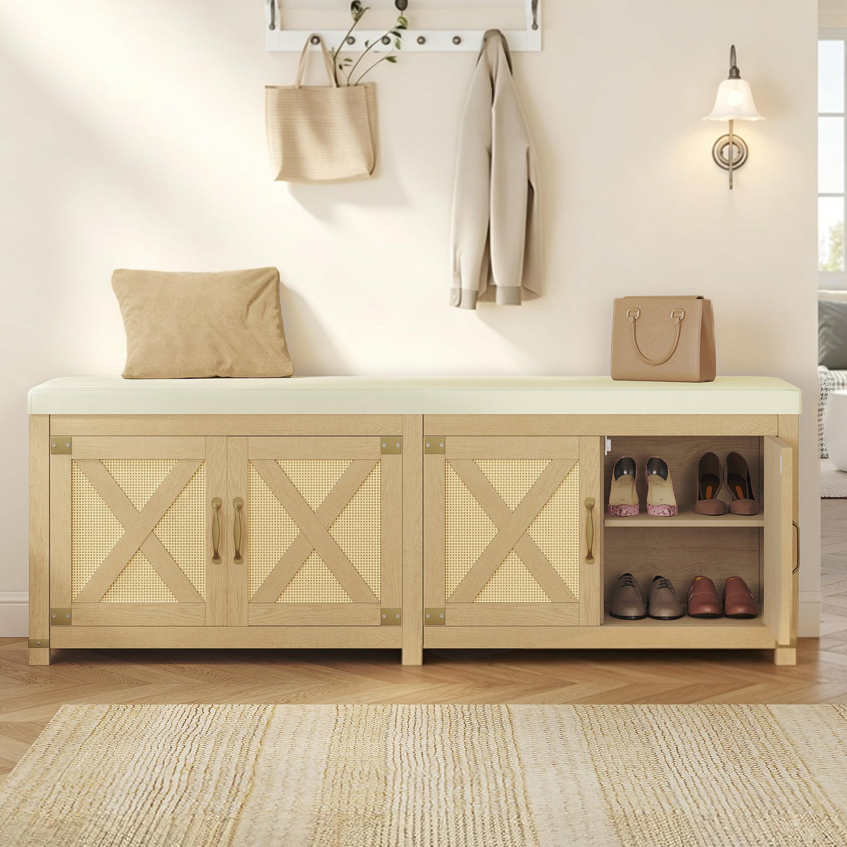 Hzuaneri 59" Shoe Storage Bench, with Soft Padded Seat Cushion & Doors