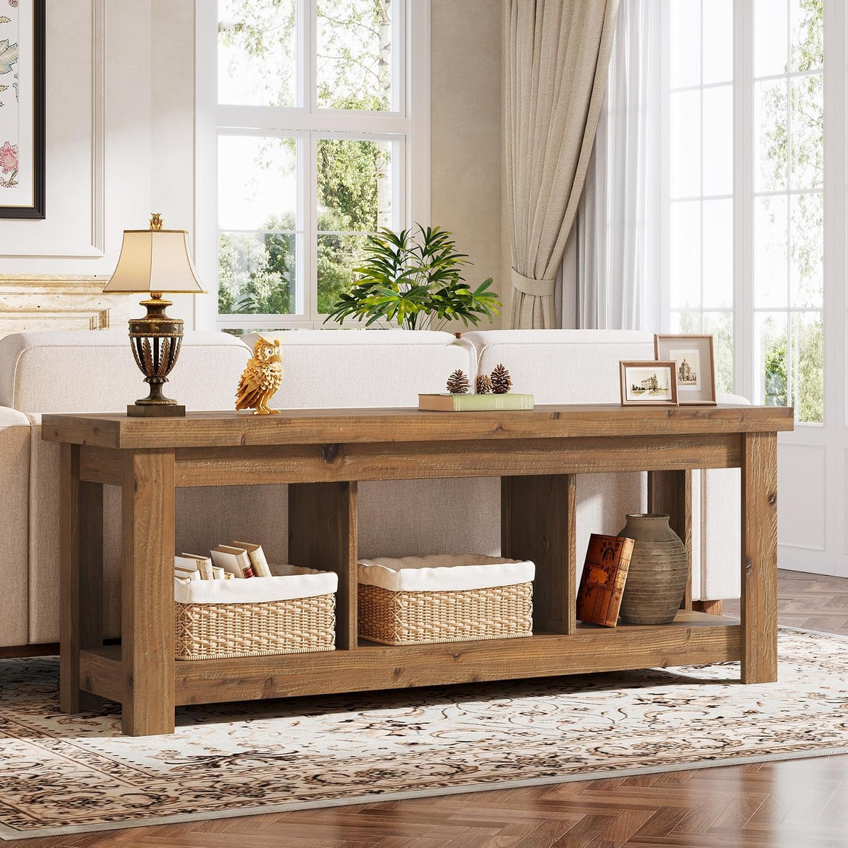 Tribesigns 63-inch Solid Wood Console Table with 3 Storage Cubes