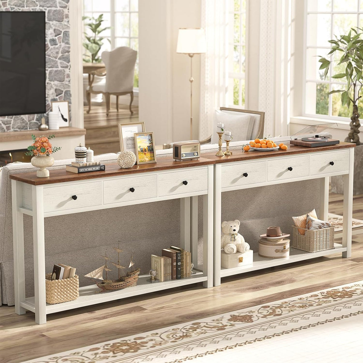 Homieasy Farmhouse Console Table with 3 Drawers, 47 Inch Wood Sofa Table with Storage Shelf for Living Room, Behind Couch, Entryway Table for Hallway, Living Room, or Foyer, Brown and Antique White