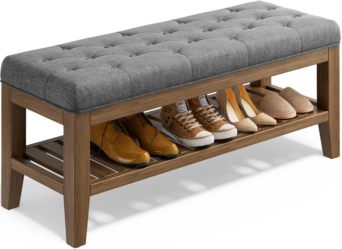 YaFiti End of Bed Storage Bench, 42.9" Entryway Shoe Bench with Solid Wood Shelf, Upholstered Ottoman with Padded Seat for Bedroom, Hallway and Lining Room, Dark Gray