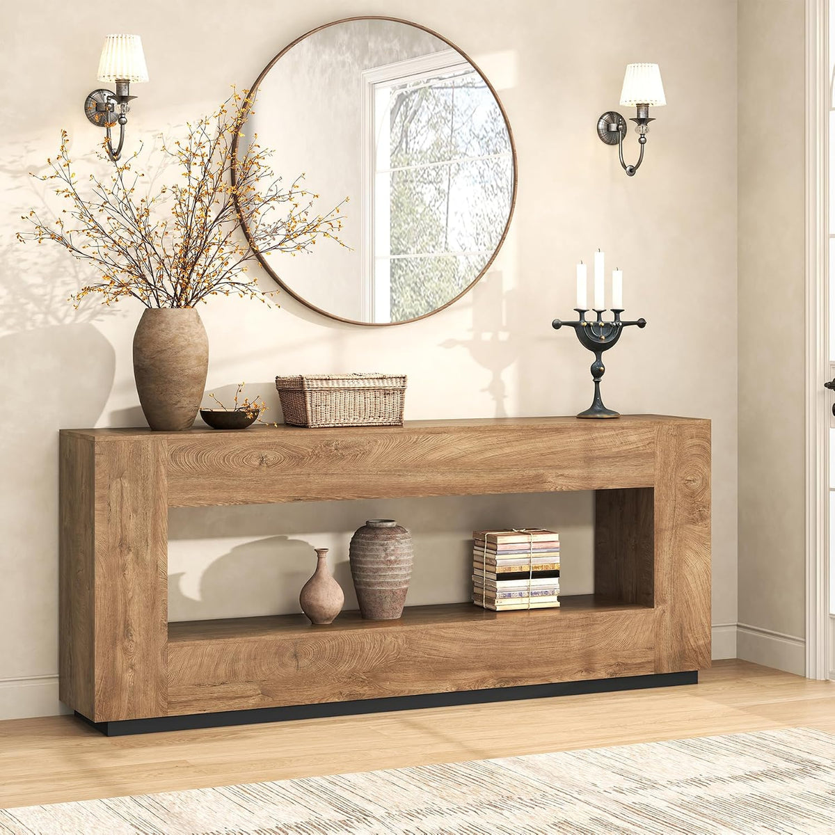 Epecoya 78 Inch 2-Tier Extra Long Console Table, Oak Brown Wood Sofa Table