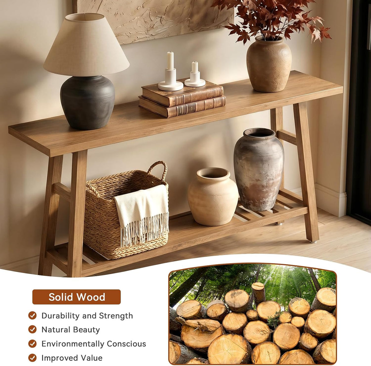 59" Solid Firwood Console Table, Farmhouse Natural Entryway Table