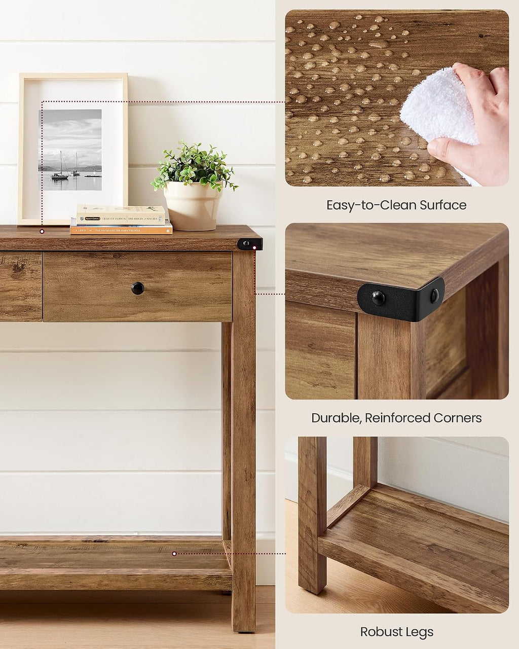 VASAGLE 47.2" Narrow Console Table with 3 Drawers and Open Storage Shelf