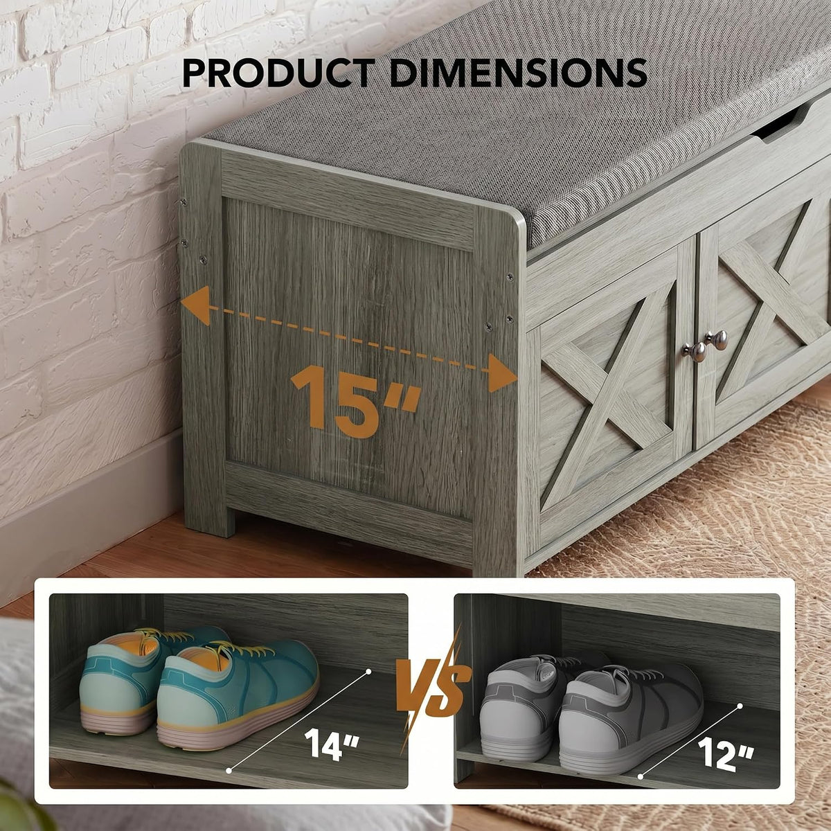 Marsail Shoe Storage Bench with Seating, Farmhouse Entryway Bench, Grey