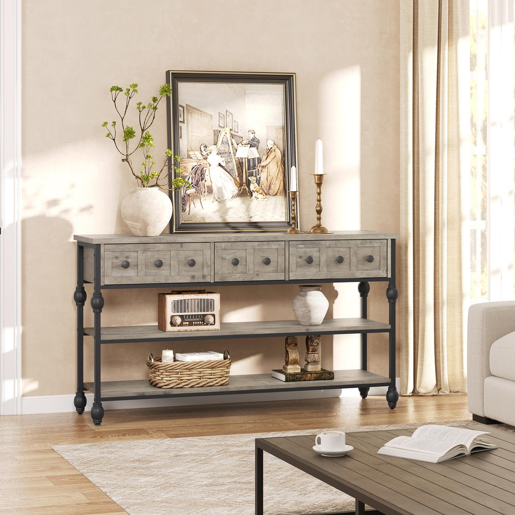 Garvee Console Sofa Table 53 in, Entryway Table with 3 Drawers, 3 Tier Metal Sofa Table, Open Shelf Behind Couch Table for Hallway, Living Room, Roman Column Design, Rustic Brown