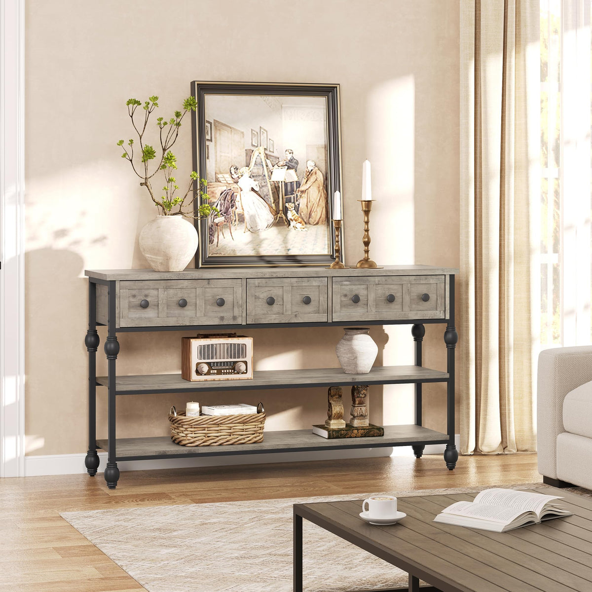 Garvee Console Sofa Table 53 in, Entryway Table with 3 Drawers, 3 Tier Metal Sofa Table, Open Shelf Behind Couch Table for Hallway, Living Room, Roman Column Design, Rustic Brown