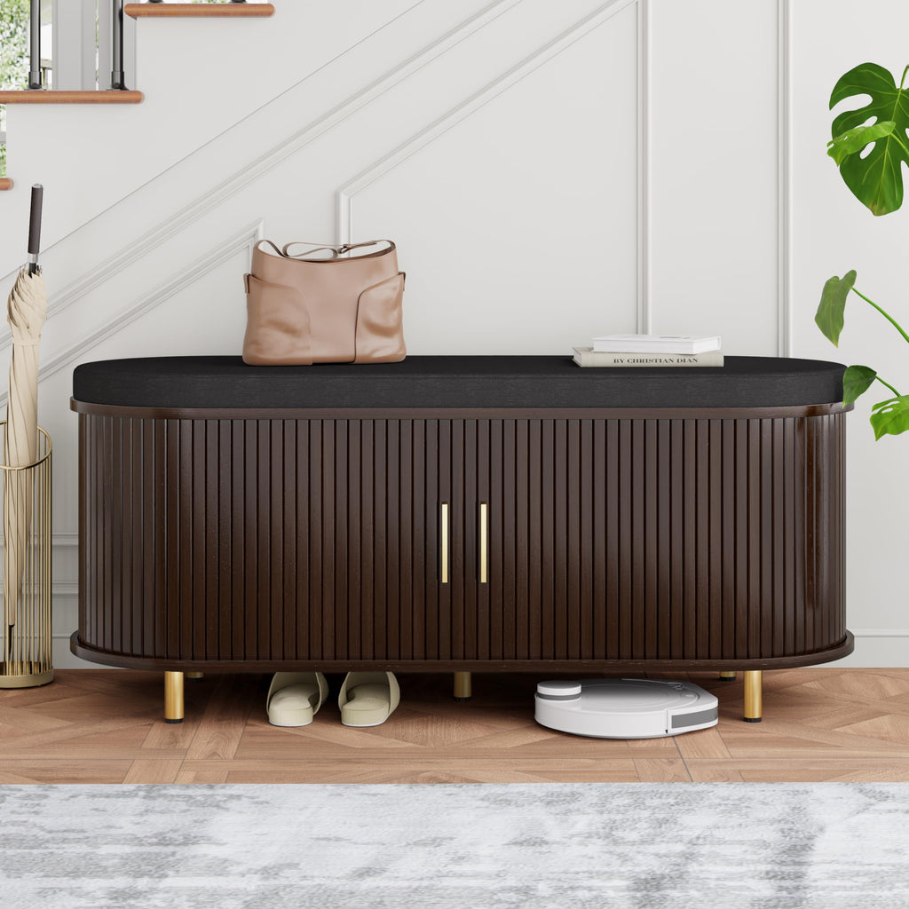 DHH 2-Tier Storage Bench,Wide Shoe Bench with Thickened Padded Seat Cushion, Mid Century Modern Fluted Sliding Door and Adjustable Shelf, for Entryway, Living Room, Bedroom (Walnut, 43.3“)
