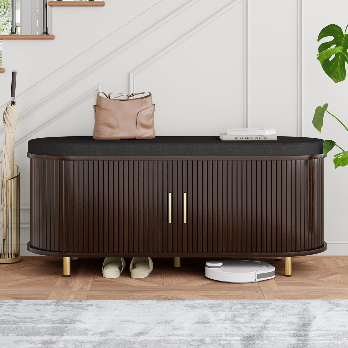 DHH 2-Tier Storage Bench,Wide Shoe Bench with Thickened Padded Seat Cushion, Mid Century Modern Fluted Sliding Door and Adjustable Shelf, for Entryway, Living Room, Bedroom (Walnut, 43.3“)