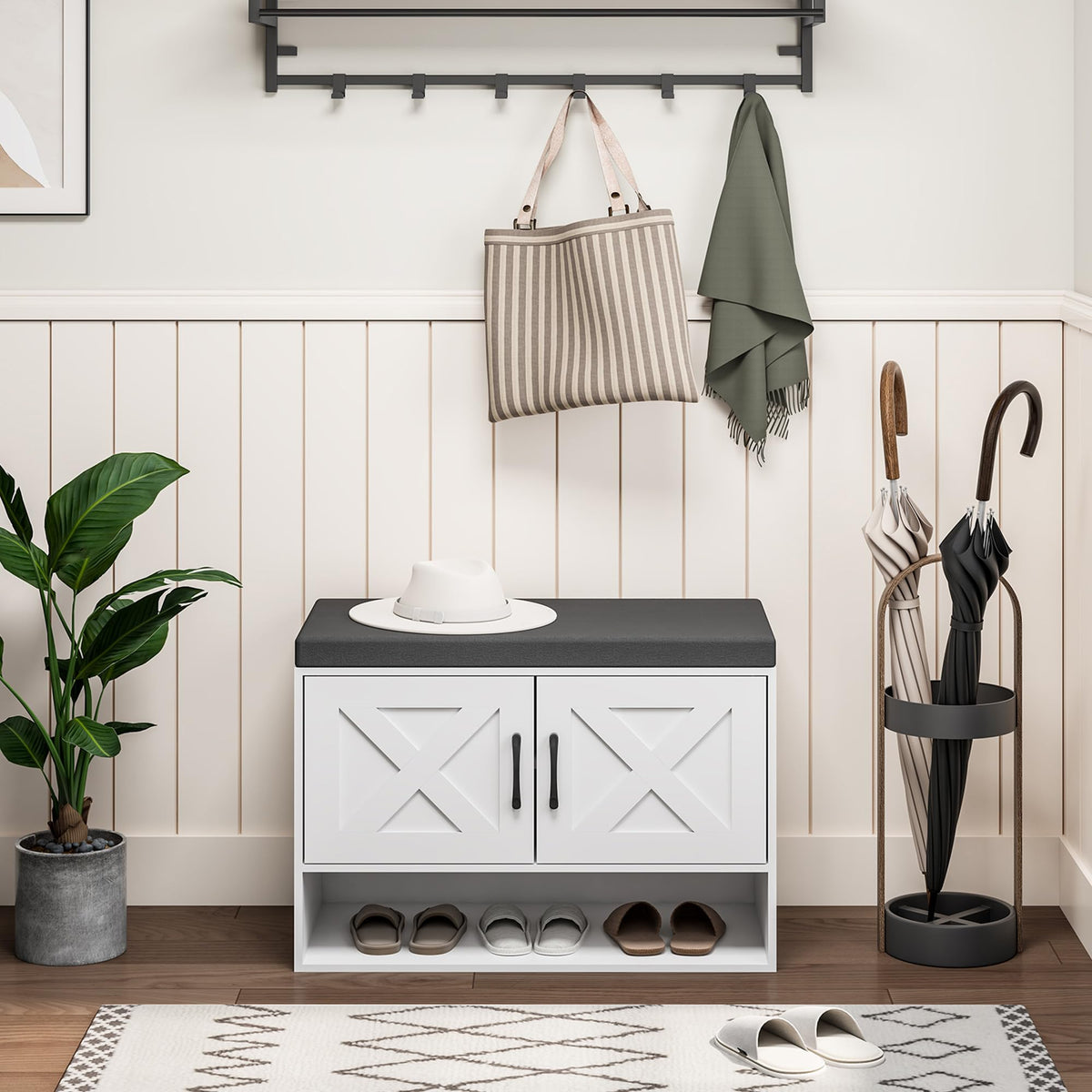 Farmhouse Shoe Storage Bench, Wooden End of Bed Bench, Shoe Storage Cabinet with Seat Cushion, Adjustable Shelf and Open Shelf for Living Room, Hallway, Bedroom