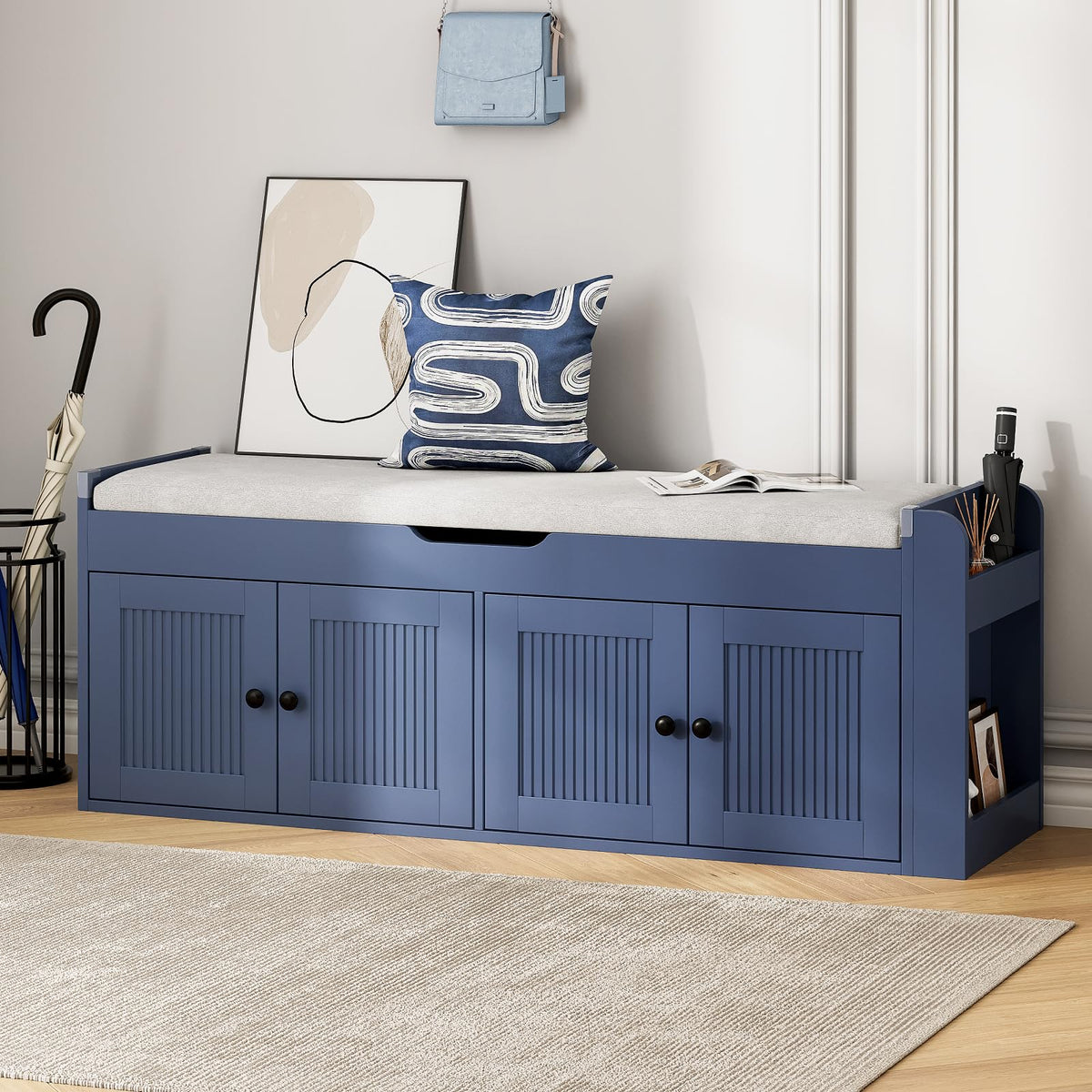 47.2" Storage Bench - Entryway Shoe Bench with Side Storage Shelves and 4 Doors, Multifunctional Entryway Bench with Lift Top Cushion, Shoe Storage Bench for Bedroom, Living Room, White