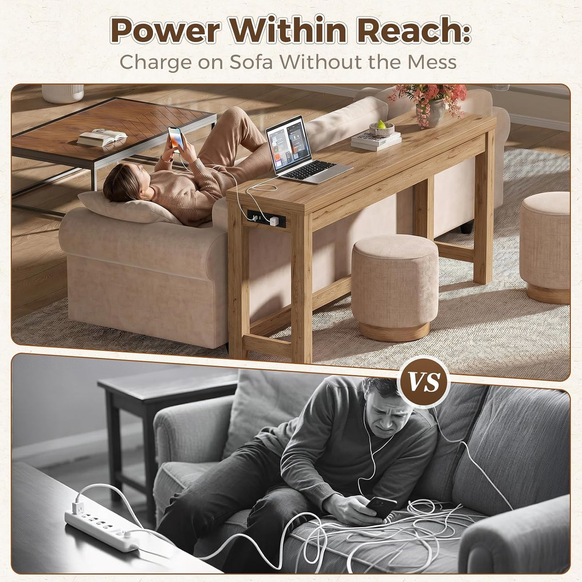 Cyclysio 63" Console Table with 2 AC Outlets & 3 USB Ports, Natural Oak