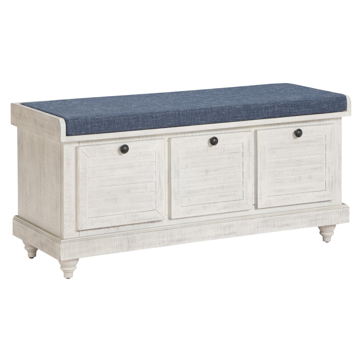 OSP Home Furnishings Dover Coastal Lift-Top Storage Bench with Shutter Face Styling, Distressed Brown Finish with Beige Linen Fabric Cushion