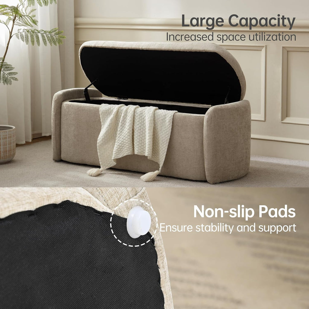 VKNOW Storage Bench, Upholstered Storage Ottoman Bench with Hinge, Khaki