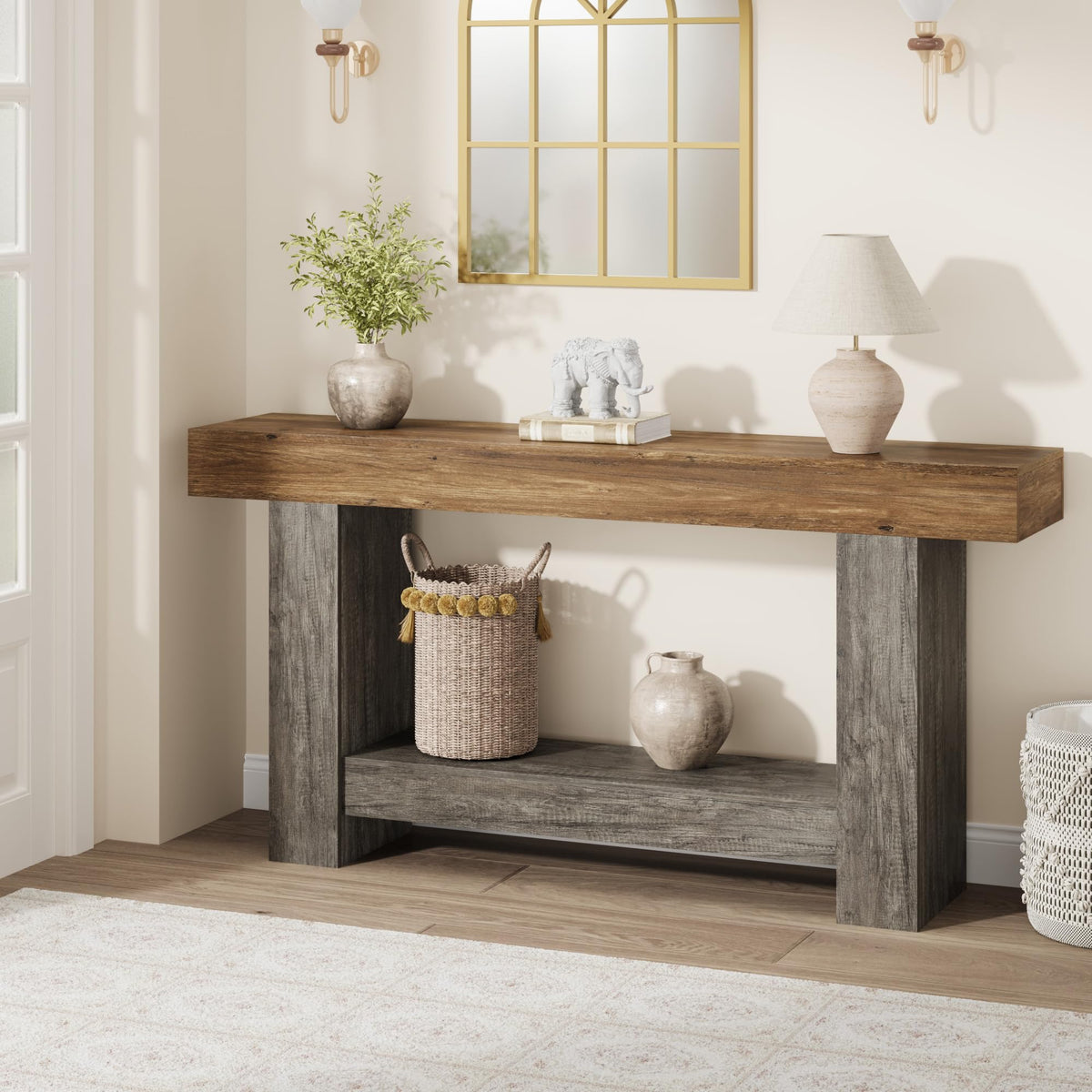 Garvee 47" Farmhouse 2-Tier Console Table for Entryway, Black
