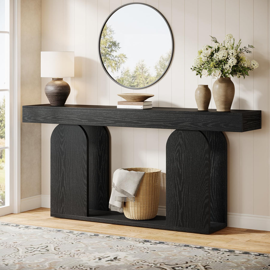 Tribesigns 70.9-Inch Extra Long Sofa Table, Farmhouse Console Tables with Wood Frame and Storage Shelf, 2-Tier Wood Table Behind Couch for Living Room, Hallway, Foyer, Black