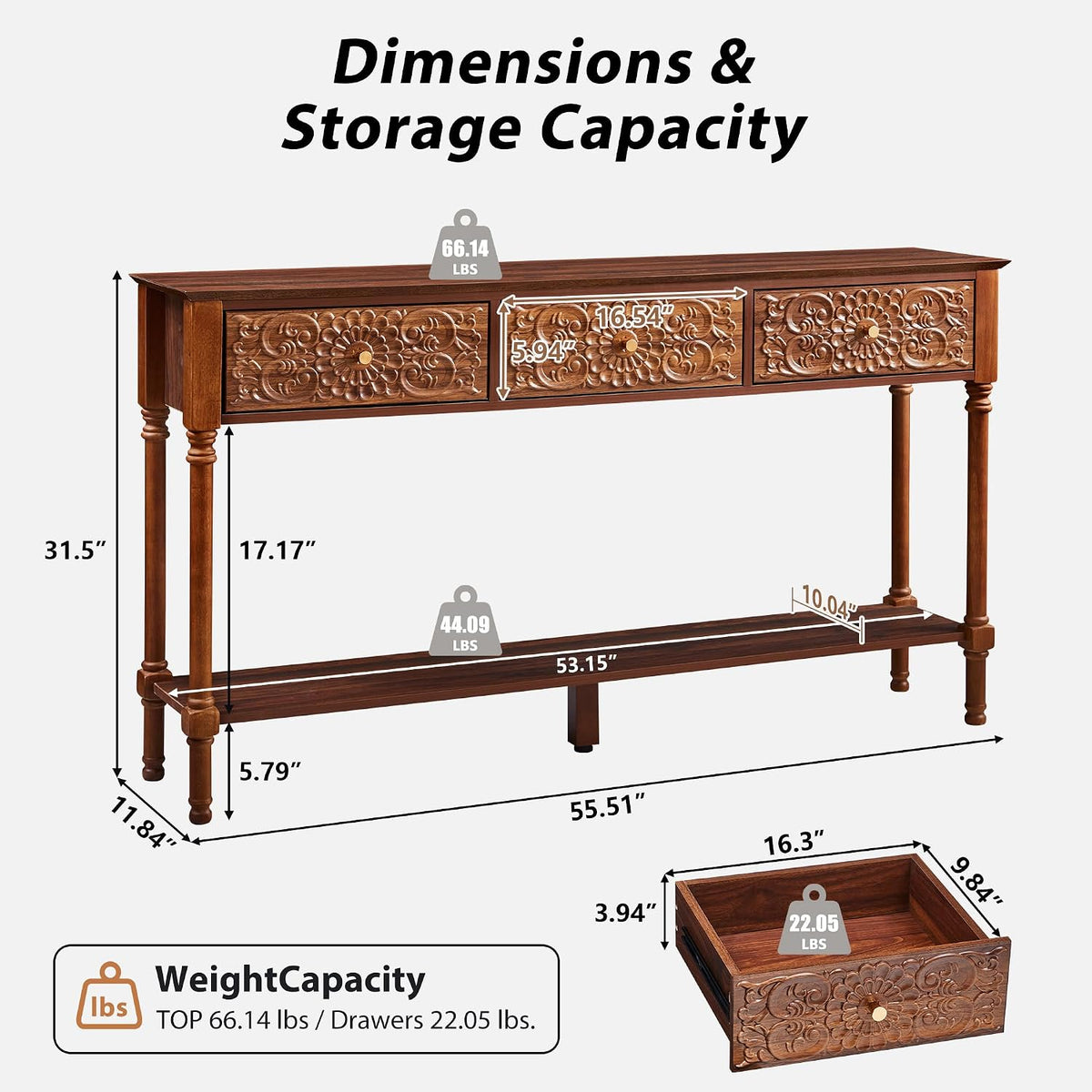 weselon 55.5" Carved Console Table with 3 Drawers, 2-Tier Sofa Table with Glossy Floral Surface and Solid Wood Legs, Mid-Century Modern Entryway Table for Living Room Hallway (Walnut)