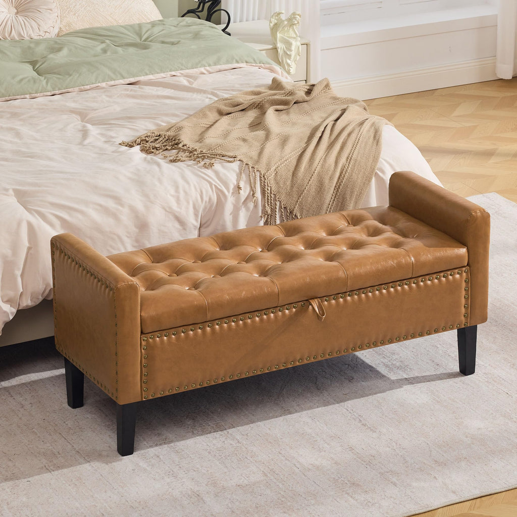 WUTUTUEE 47" Velvet Storage Bench, Upholstered Bed Bench with Storage, End of Bed Ottoman with Wooden Legs,Bedside Storage Bench for Bedroom, Living Room, or Entryway, Blue Grey