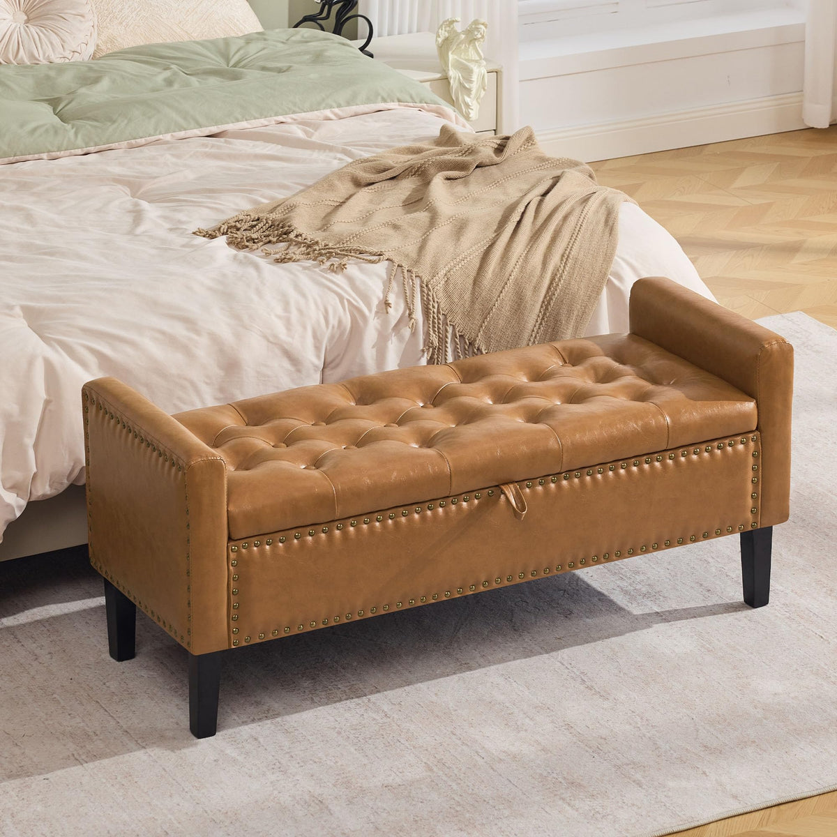 WUTUTUEE 47" Velvet Storage Bench, Upholstered Bed Bench with Storage, End of Bed Ottoman with Wooden Legs,Bedside Storage Bench for Bedroom, Living Room, or Entryway, Blue Grey
