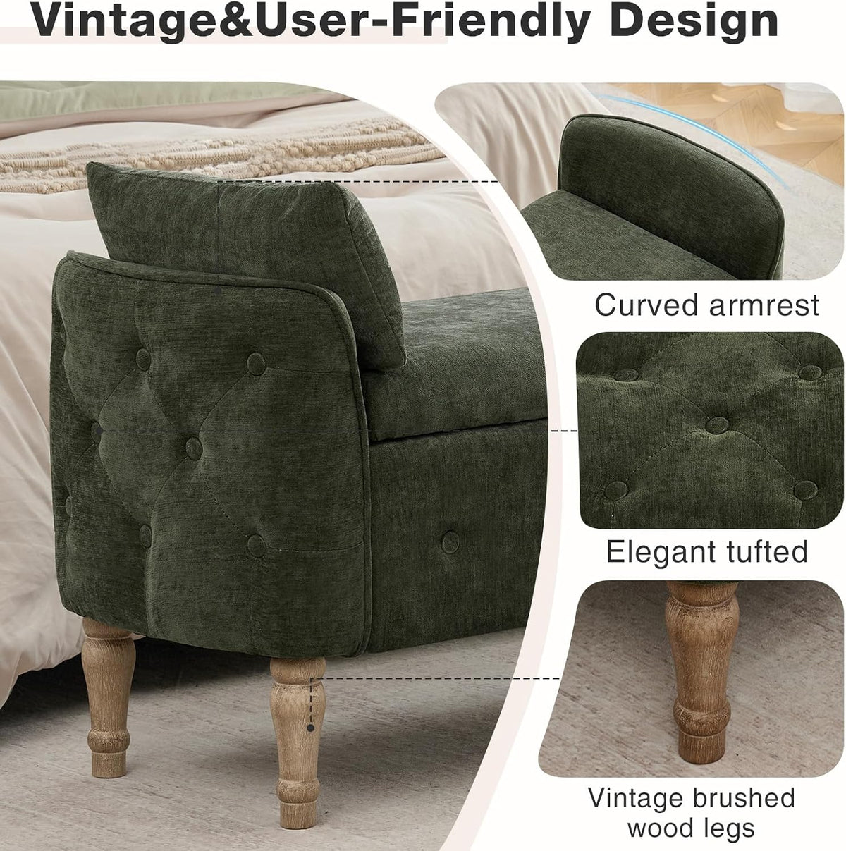 End of Bed Storage Bench King Size,51" Upholstered Bedroom Bench,Green