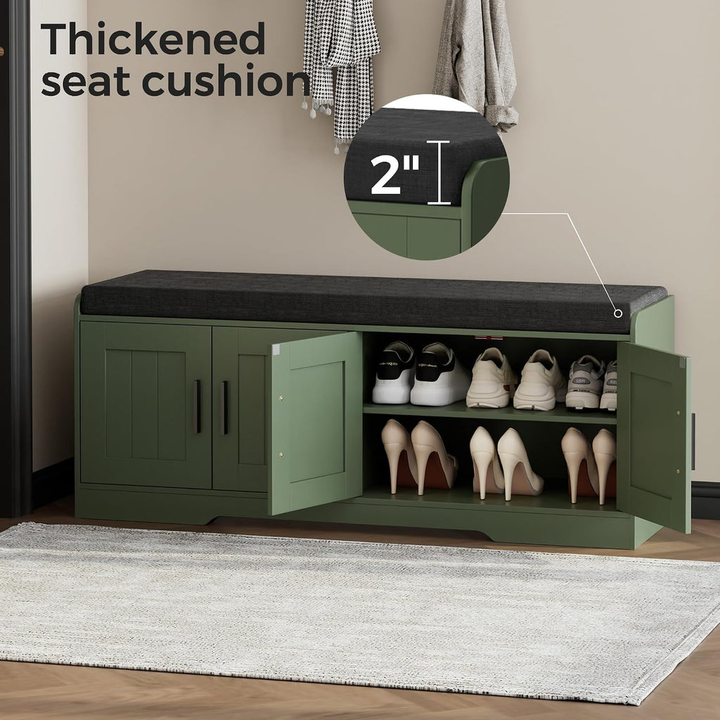 Homleke Shoe Storage Bench, 4 Doors & Thickened Padded Seat Cushion