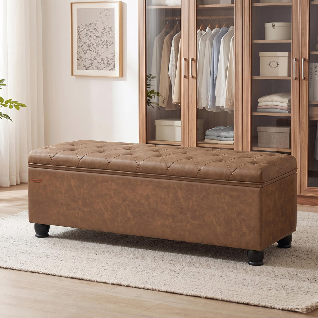 SONGMICS Storage Ottoman, 48 Inches Long Bed End Stool, Solid Wood Legs
