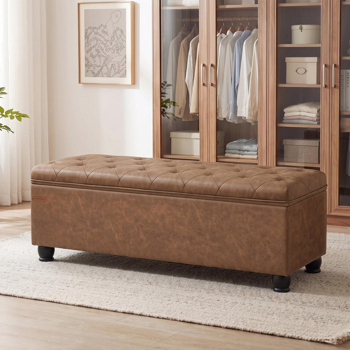SONGMICS Storage Ottoman, 48 Inches Long Bed End Stool, Solid Wood Legs