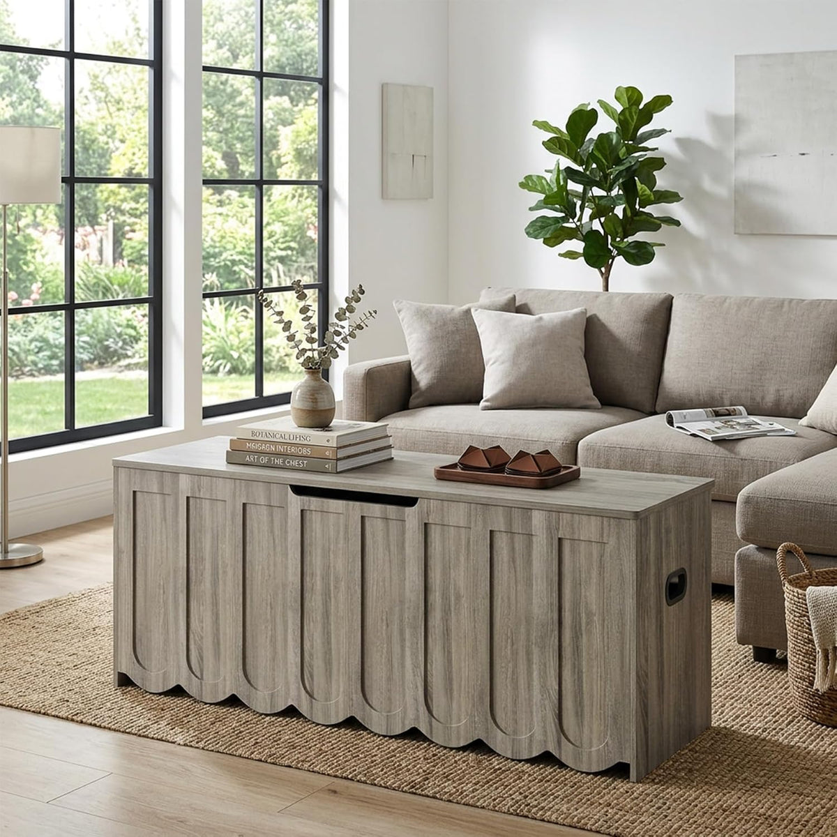 DHZ 47.2 Inch Wooden Storage Bench, Storage Chest with Cushion Seat, 4 Swivel Wheels and 2 Safety Hinges, Entryway Storage Bench for Living Room, Bedroom