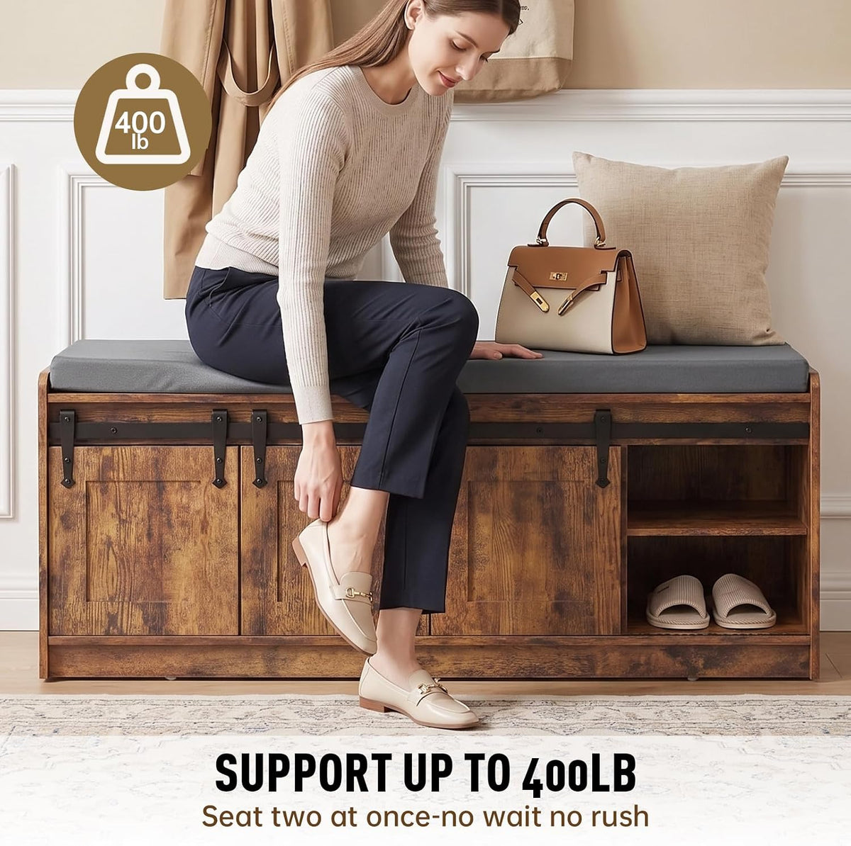 42" Farmhouse Shoe Storage Bench with Seating Cushion,for Entryway