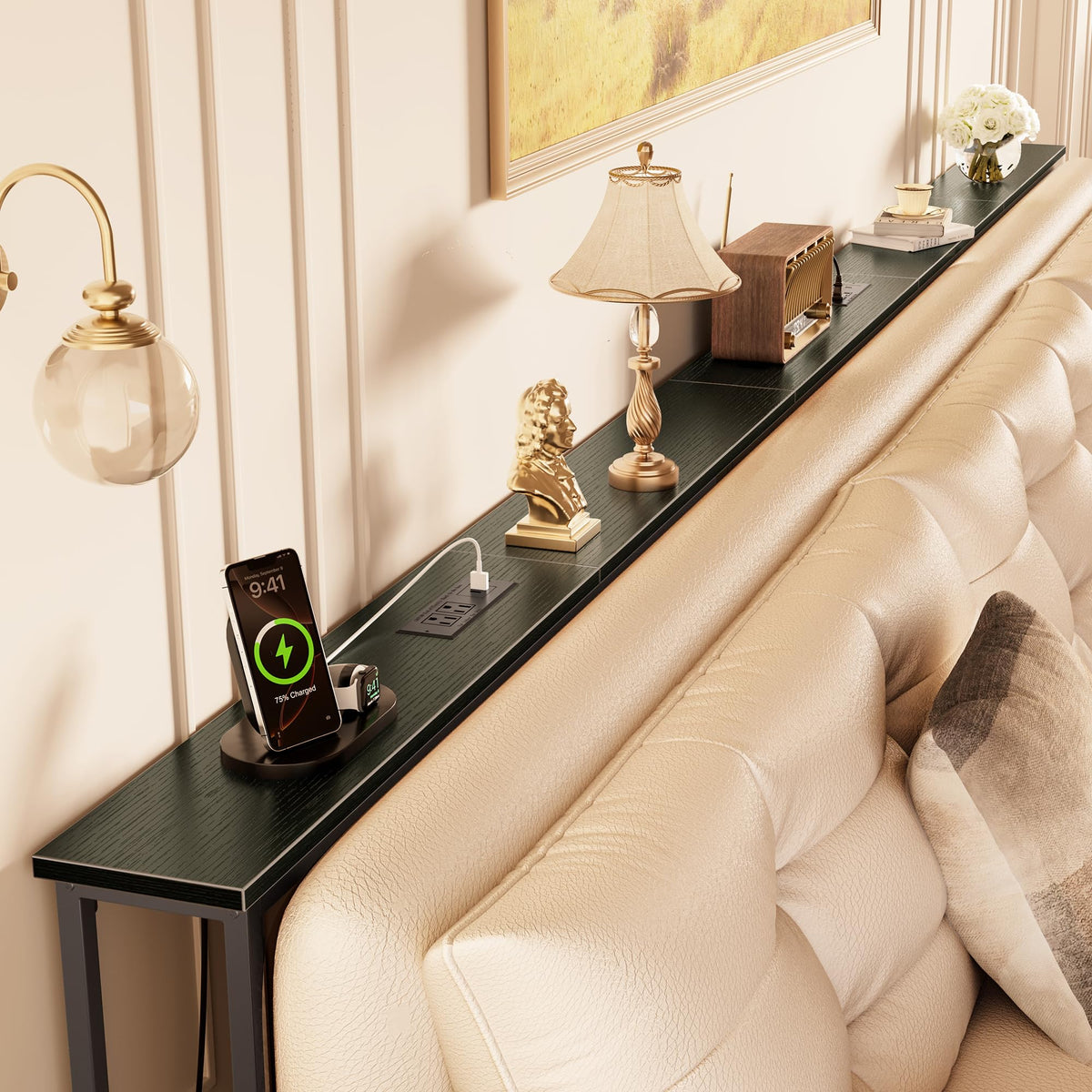 Huuger 118 Inch Sofa Table with Power Outlets, Skinny Behind Couch Table