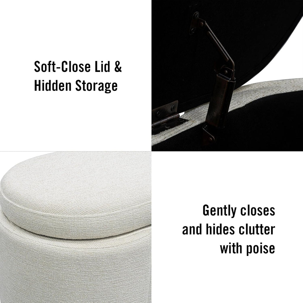 Martha Stewart Leslie Upholstered Storage Bench with Soft-Close Lid, Hidden Ventilated Storage, 48” Oval Entryway Ottoman Bench, No Assembly Required, Lily Pond Collection, Supports 400 lbs – Cream