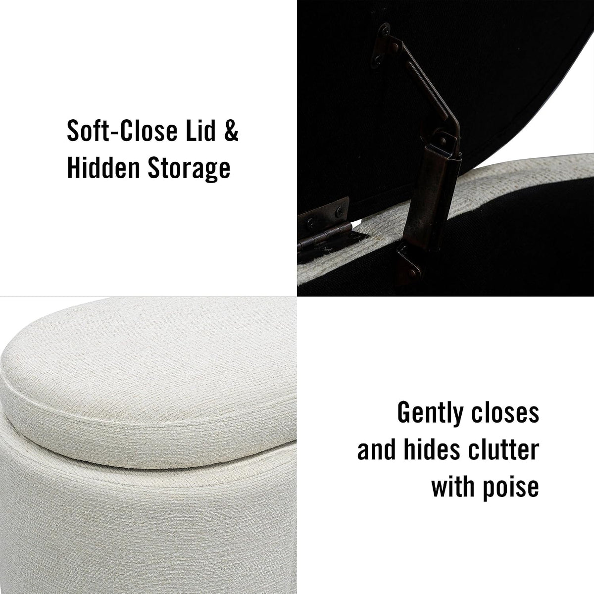 Martha Stewart Leslie Upholstered Storage Bench with Soft-Close Lid, Hidden Ventilated Storage, 48” Oval Entryway Ottoman Bench, No Assembly Required, Lily Pond Collection, Supports 400 lbs – Cream