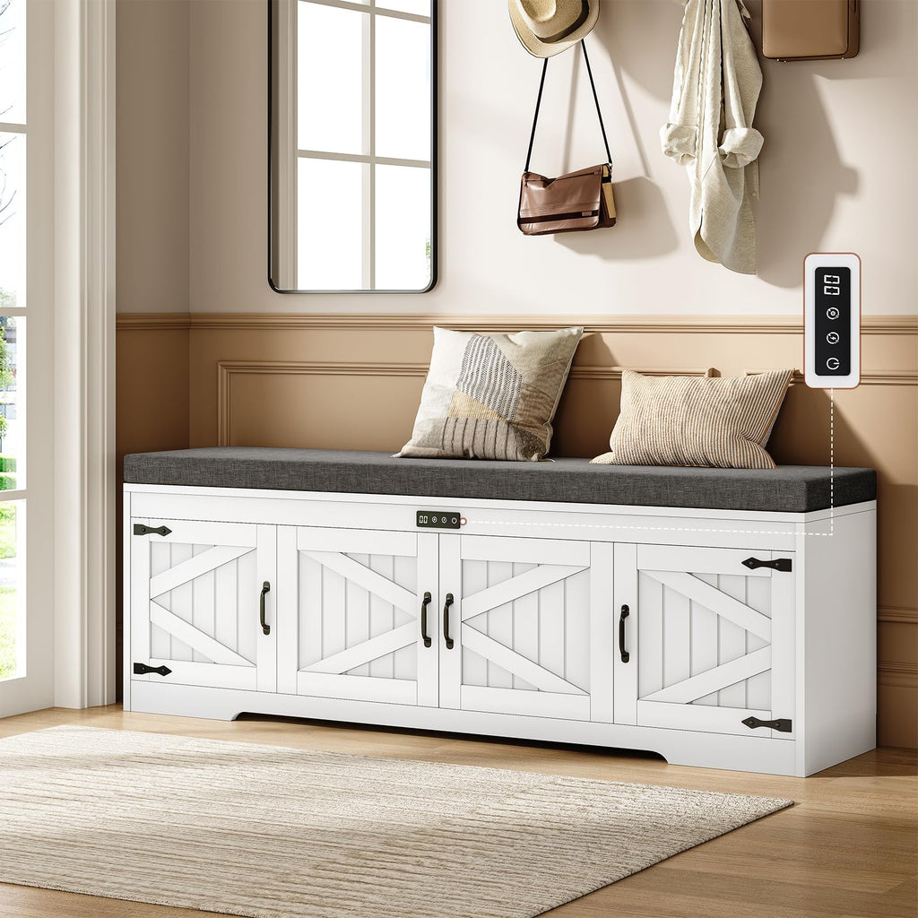 UPOSOJA 60“ Farmhouse Shoe Storage Bench with Deodorizing, Entryway Storage Bench with Cushion Seat, 4 Doors Freestanding Hidden Shoe Rack, Adjustable Shelf, for Bedroom, Living Room (Gray Wash, 60IN)