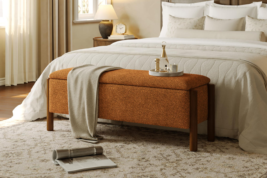 Modern Storage Benches with Walnut Wood Legs, 47'' Ottoman Bench with 20 Gallons Storage Space for Bedroom End of Bed, Fabric Upholstered Entryway Bench with Seating for Livingroom, Beige