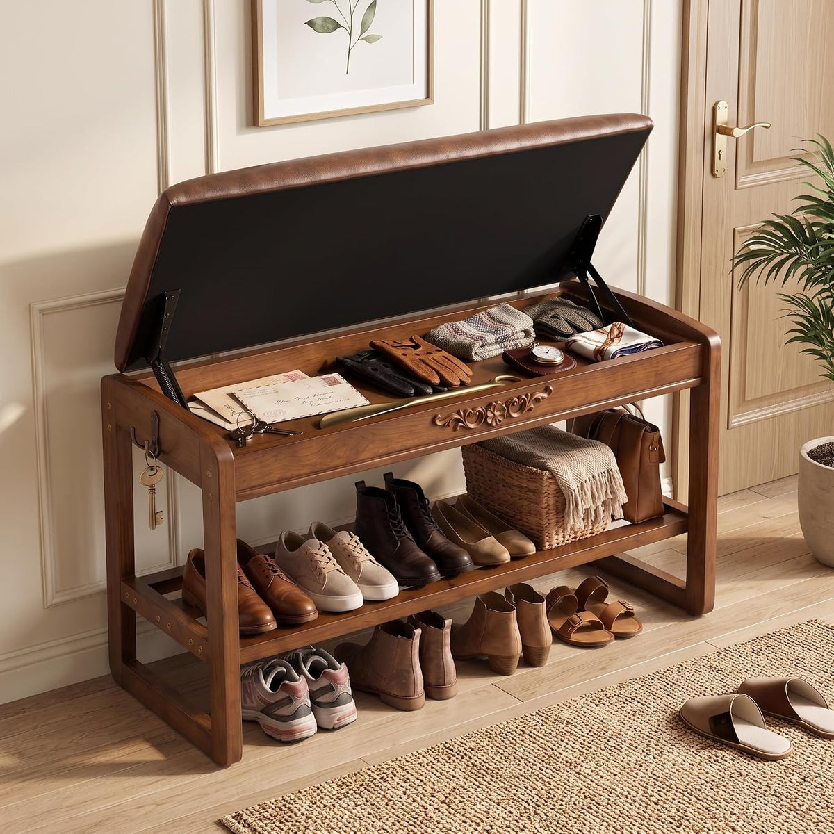 Shoe Rack Bench Solid Wood Entryway Shoe Storage Bench with Flip-Top 39.4''