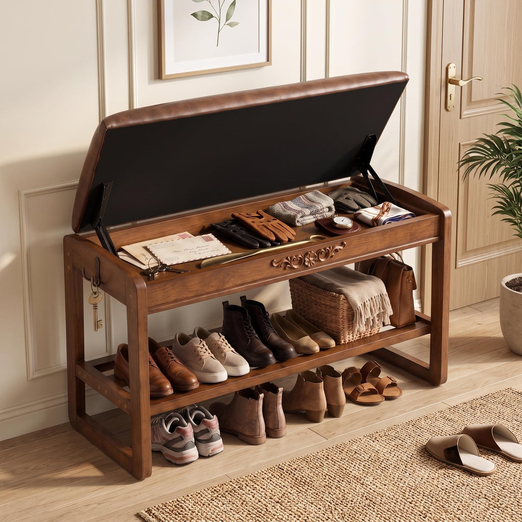Shoe Rack Bench Solid Wood Entryway Shoe Storage Bench with Flip-Top 39.4''